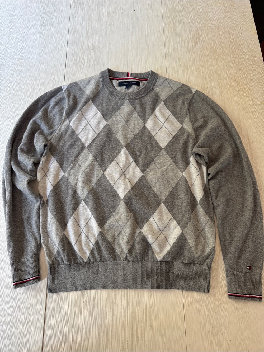 Tommy Hilfiger Men's Grey Argyle Crewneck Sweater with White Diamonds